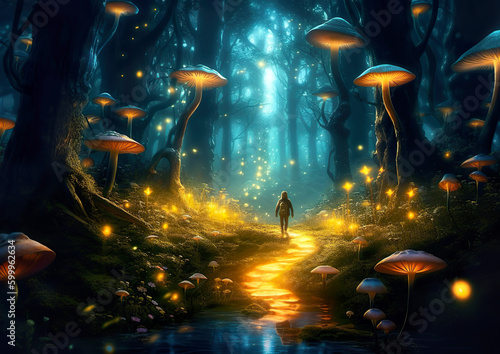 A path that leads to a separate world in the depths of the forest. Wonderful environment for fairy tale illustrations and even wallpaper.Magic fairytale forest with fireflies lights.AI generated illus © Czintos Ödön