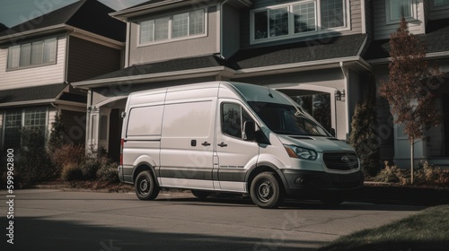 A courier van making a delivery in a suburban. AI generated