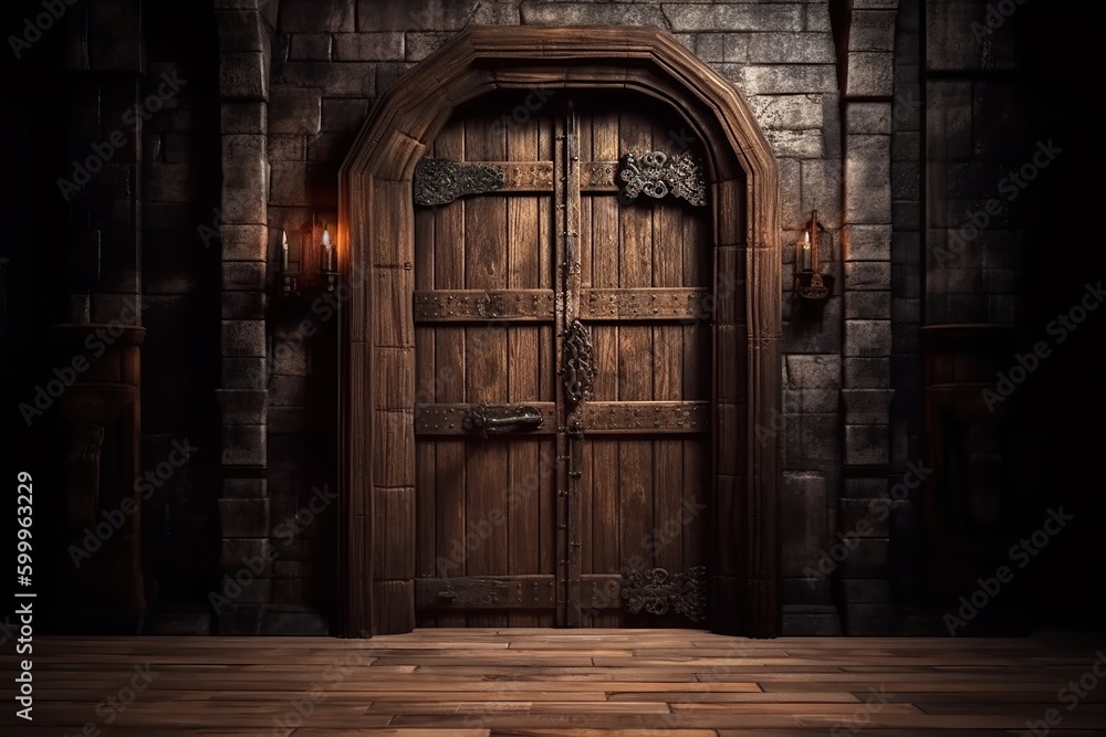 Wooden doors in medieval castle. Ai