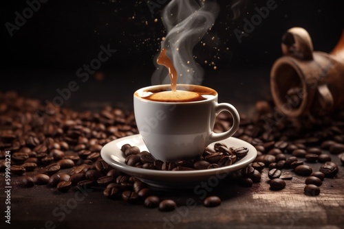 mug espresso brown bean drink cafe aroma cup breakfast morning. Generative AI.