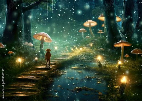 A path that leads to a separate world in the depths of the forest. Wonderful environment for fairy tale illustrations and even wallpaper.Magic fairytale forest with fireflies lights.AI generated illus