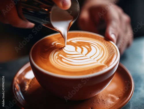 A close-up of a person's hands holding a cup of steaming hot coffee, with a beautiful latte art design on the surface. Generative AI