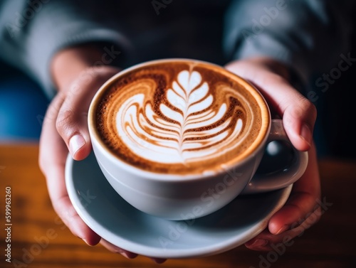 A close-up of a person's hands holding a cup of steaming hot coffee, with a beautiful latte art design on the surface. Generative AI