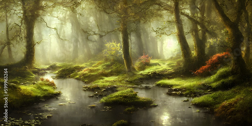 Generative AI - Enchant your audience with our stunning digital illustration of a beautiful forest and a serene creek running through. This high-quality piece captures the essence of the great outdoor