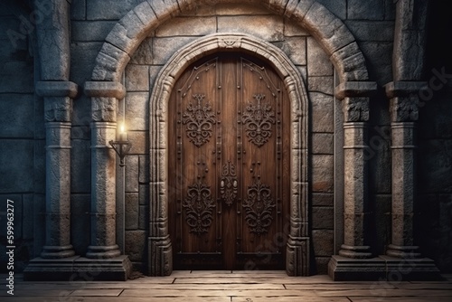 Wooden doors in medieval castle. Ai