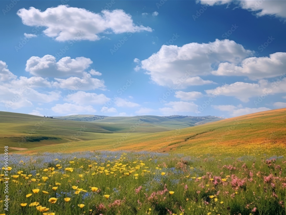 A beautiful landscape with rolling hills, colorful flowers, and a clear blue sky. Generative AI