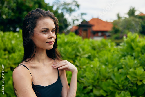 beautiful woman park walk smiling summer freedom t-shirt exercise nature lifestyle