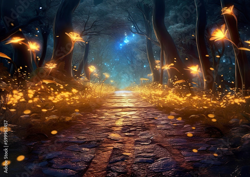 A path that leads to a separate world in the depths of the forest. Wonderful environment for fairy tale illustrations and even wallpaper.Magic fairytale forest with fireflies lights.AI generated illus © Czintos Ödön