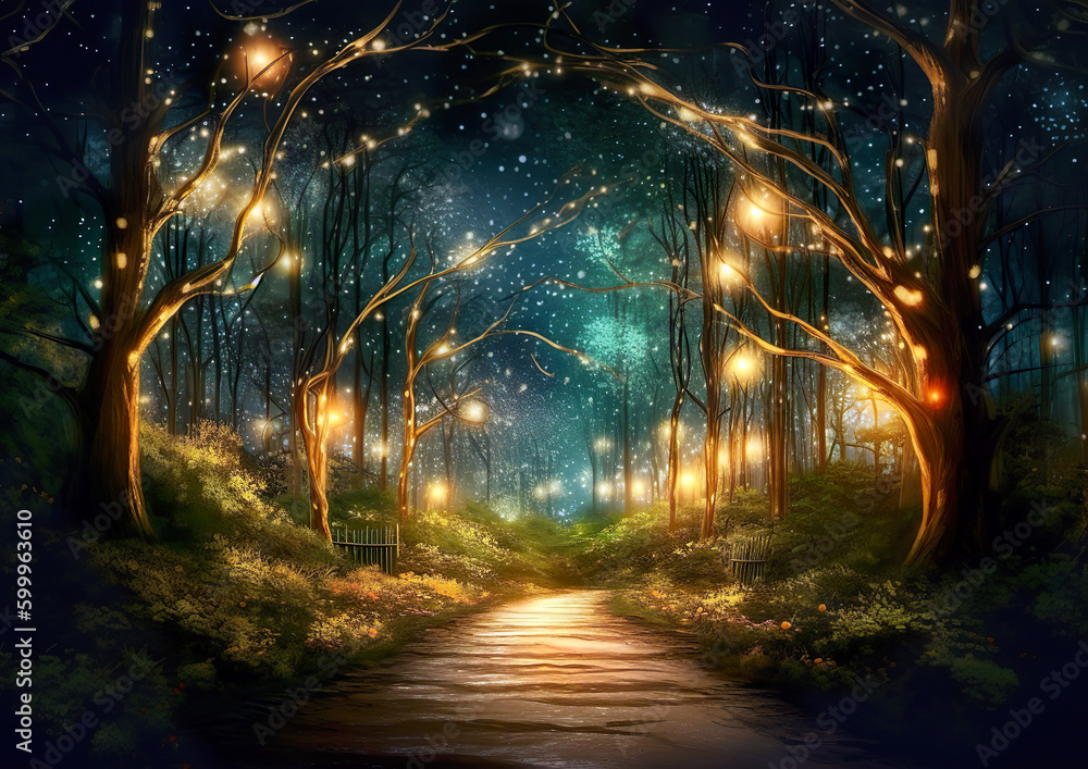 A path that leads to a separate world in the depths of the forest. Wonderful environment for fairy tale illustrations and even wallpaper.Magic fairytale forest with fireflies lights.AI generated illus - obrazy, fototapety, plakaty 