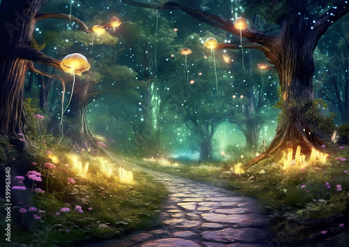 A path that leads to a separate world in the depths of the forest. Wonderful environment for fairy tale illustrations and even wallpaper.Magic fairytale forest with fireflies lights.AI generated illus