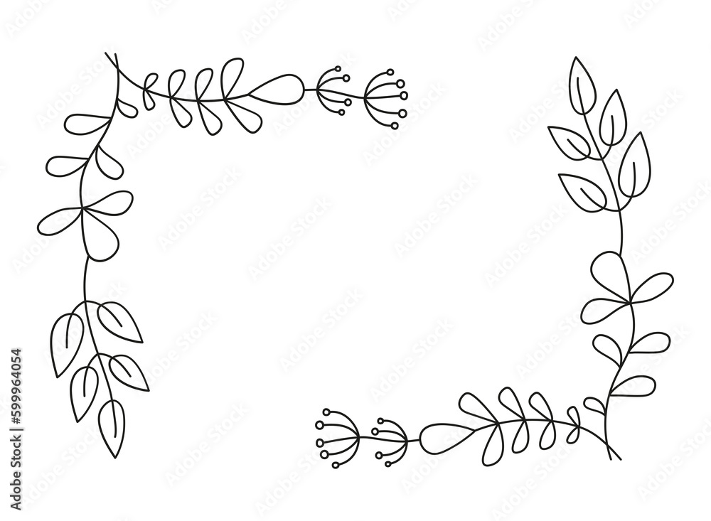 Obraz premium Frame, border. Floral ornament. Abstract Flowers, branches and leaves. Banner, space for text. Set of simple drawings of plants. Collection, Hand-drawn linear vector drawing for print, cover , card .