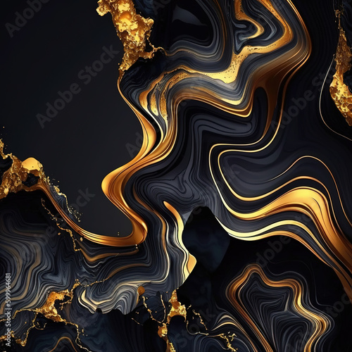Abstract black marble background with golden veins pain. Generative AI