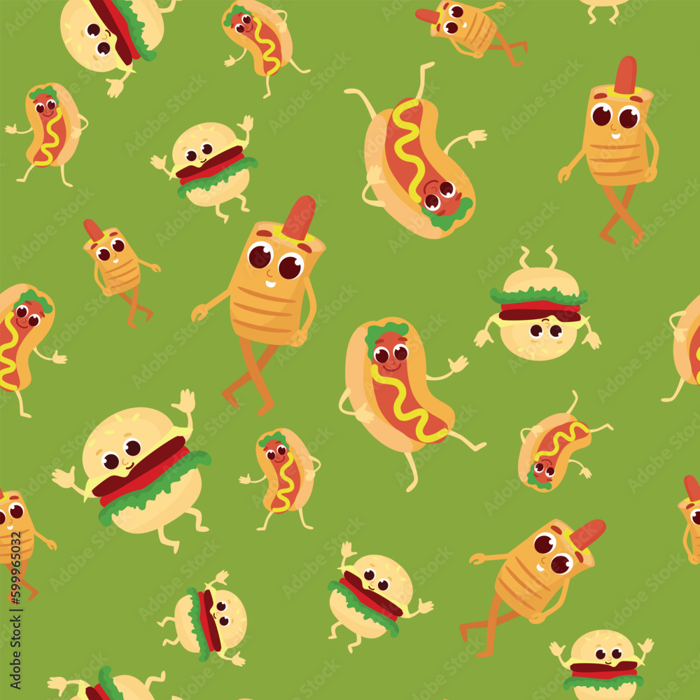 Naklejka premium Crazy seamless pattern classic hot dog, french hot dog and hamburger dancing in cartoon style. Funny fast food character design for textile, packaging, wallpaper.