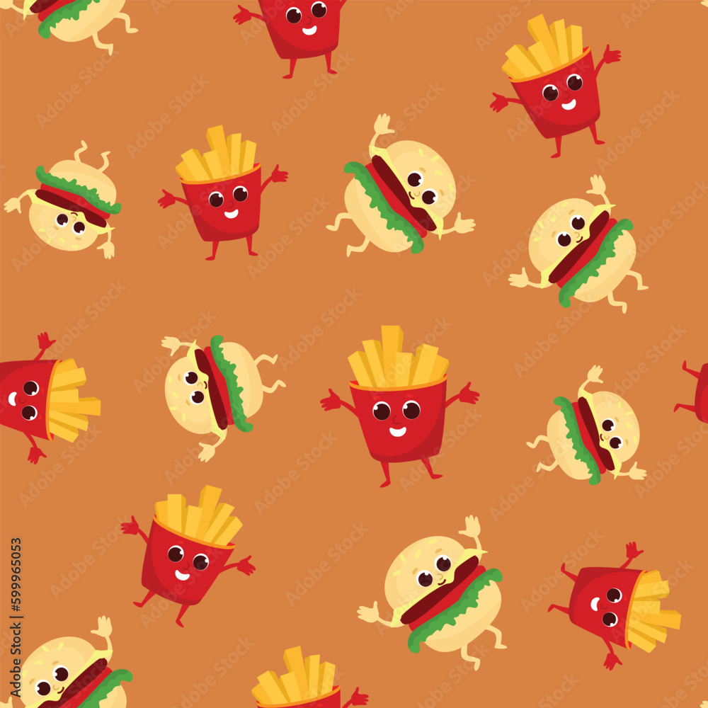 Obraz premium Hamburger and french fries seamless pattern in cartoon style. Funny fast food character design for textile, packaging, wallpaper.