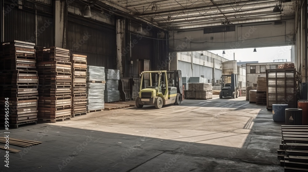 A loading dock with forklifts and pallets. AI generated