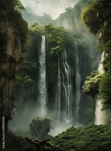 Natural River Waterfall in Green Trees Forest Digital Generated Illustration