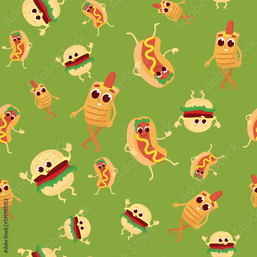 Crazy seamless pattern classic hot dog, french hot dog and hamburger dancing in cartoon style. Funny fast food character design for textile, packaging, wallpaper.