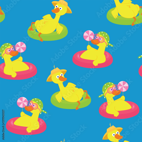 Seamless pattern of funny ducks swimming in the water on the rings for the pool. The ducks are dressed in a hat  glasses and a polka dot bandana. Positive illustration in cartoon style.