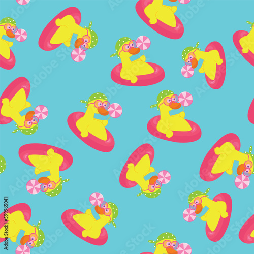Seamless pattern of funny and cute ducks swimming in water on pool rings. The duck is wearing glasses and a polka dot bandana. Positive cheerful children s illustration in cartoon style.