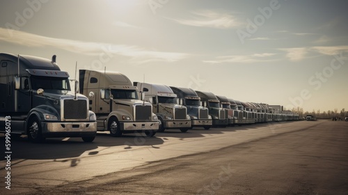 A line of semi trucks waiting to be inspected. AI generated