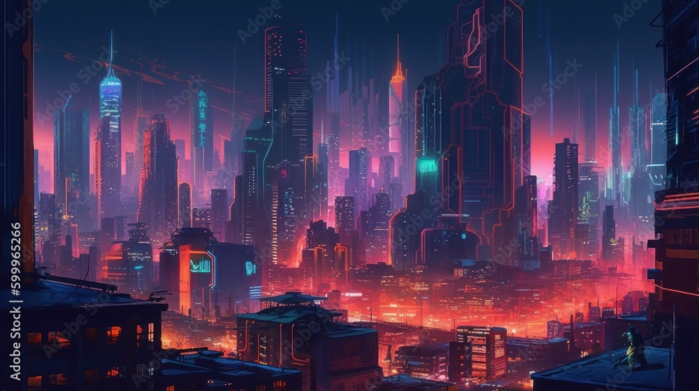 A metropolis cityscape filled with neon lights. AI generated
