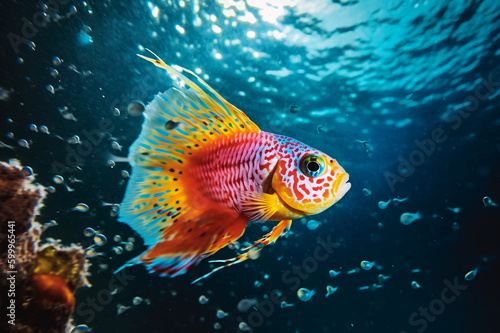 Bright yellow red tropical fish on blue water backdrop. Generative AI © Irina Bort