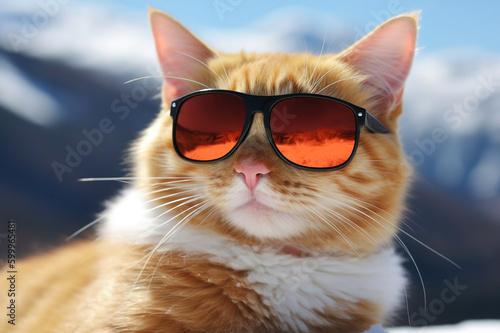 Ginger cat in retro sunglasses in snow. Generative AI