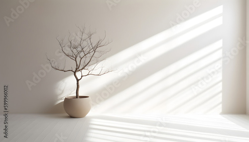 A pot with a plant standing in a room, a room in the style of minimalism, the color of the room is beige