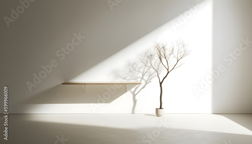 a tree standing on the floor next to a white wall, a shadow falls from the tree on the wall