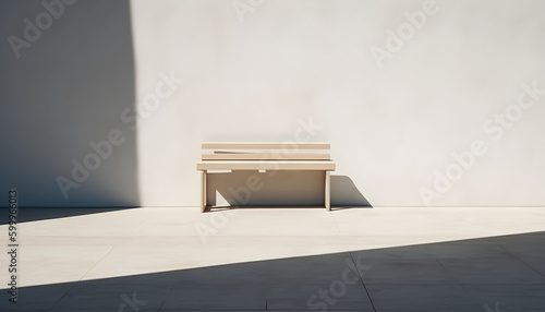 a white bench sitting on the cement floor with the blue wall behind it