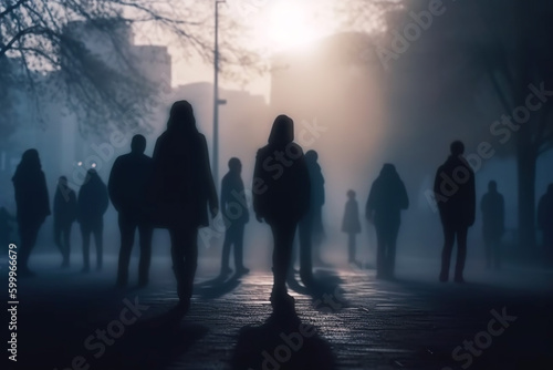 Blurred silhouettes of people in backlight, fictitious people. AI generated image