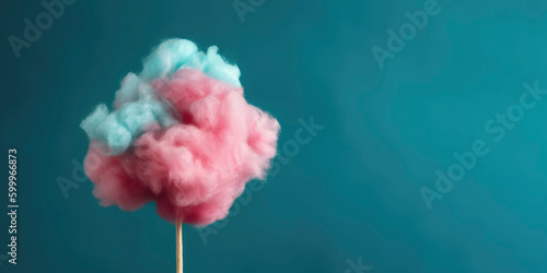 Stick with colourful cotton candy on teal blue background with copy space. Generative AI