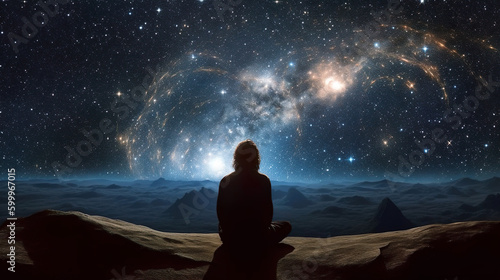 Wallpaper Mural Man sitting in yoga lotus pose and his connection to space. Generative AI Torontodigital.ca