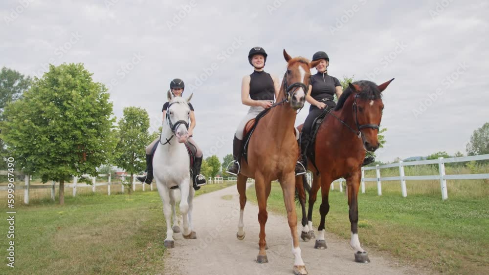 Three smiling young women, recreational jockeys enjoying an equestrian leisure ride on beautiful horses, front view. Horseback riding concept. Three smiling young women, recreational jockeys enjoying an equestrian leisure ride on beautiful horses, front view. Horseback riding concept.