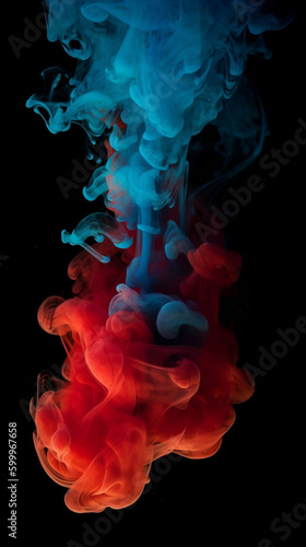 Color smoke abstract background. Cold and hot contrast. Defocused blue red contrast. Vapor floating cloud texture. Generative AI
