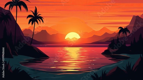 Sunset on summer beach background vector illustration Generative AI © Suleyman