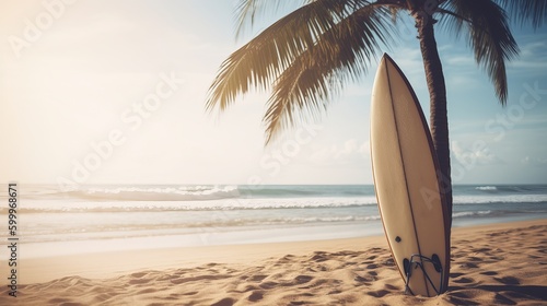 Surfboard and palm tree on beach background Generative AI