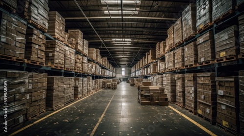 Wallpaper Mural A warehouse with rows of stacked boxes. AI generated Torontodigital.ca