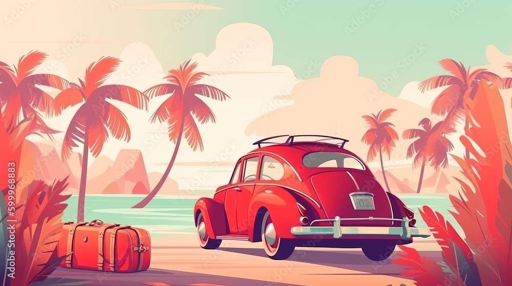 Family is going on vacation, journey on weekend by car. People in red vehicle on background of sunny palm beach Generative AI
