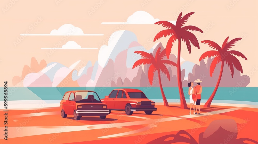 Family is going on vacation, journey on weekend by car. People in red vehicle on background of sunny palm beach Generative AI