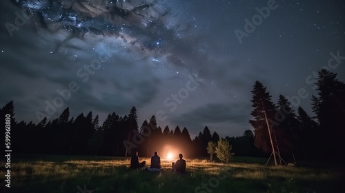 Evening summer camping, spruce forest on background, sky with falling stars and milky way. Group of five friends sitting together around campfire Generative AI