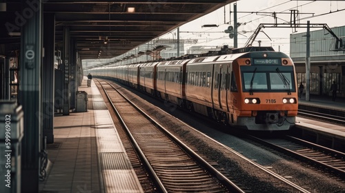 A train passing through a railway station. AI generated photo