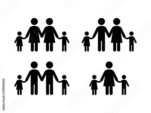 Different types of families black silhouette icon set vector. Stylized figures of people graphic design element on a white background. Parents and children icons. LGBT family holding hands symbol