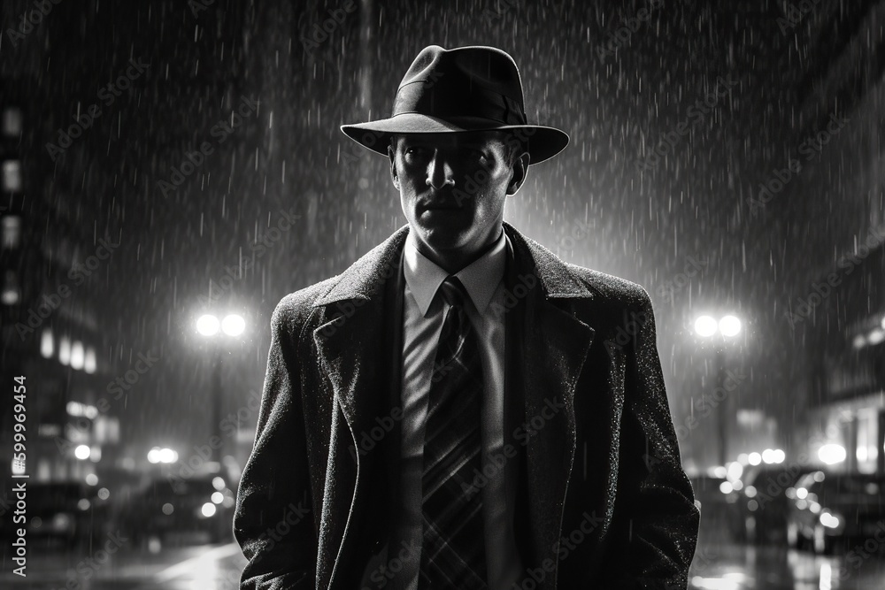 Noir movie, portrait of 40s detective standing under the rain. Generative AI