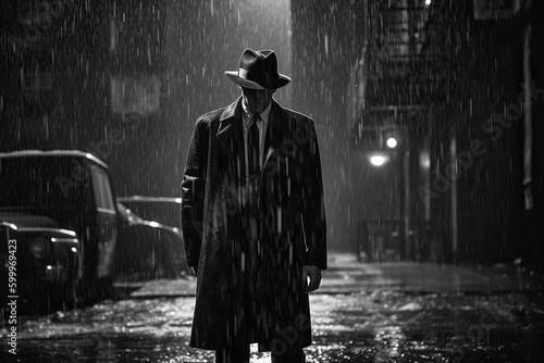 Noir movie, portrait of 40s detective standing under the rain. Generative AI photo