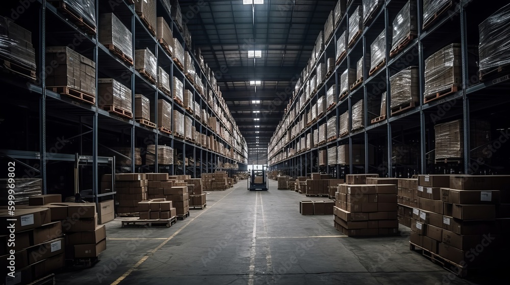 A warehouse with rows of stacked boxes. AI generated A warehouse with rows of stacked boxes. AI generated