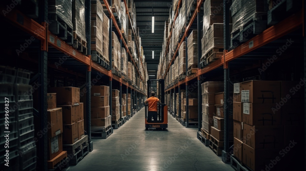 A warehouse worker driving a forklift through narrow. AI generated