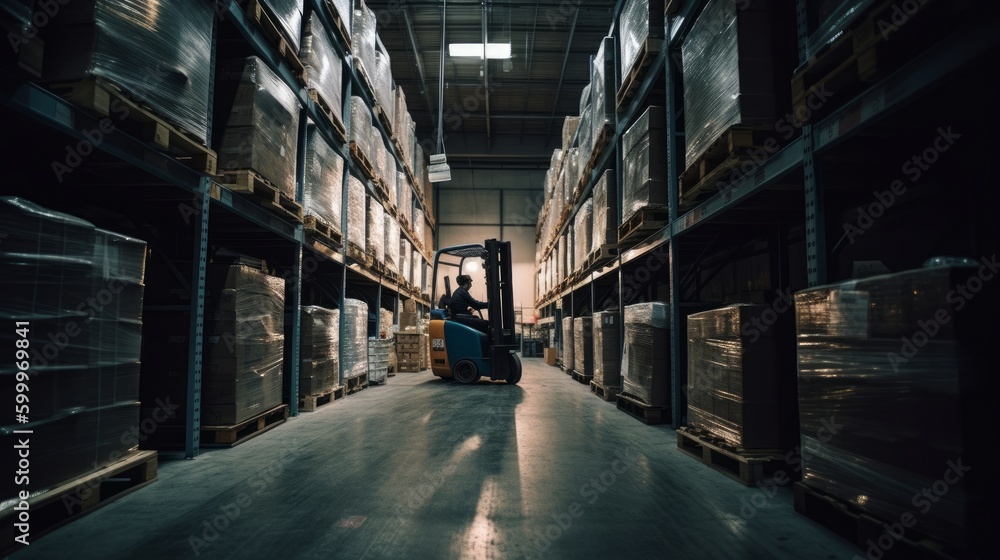 A warehouse worker driving a forklift through narrow. AI generated