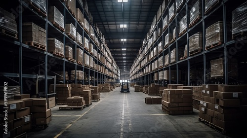 Wallpaper Mural A warehouse with rows of stacked boxes. AI generated Torontodigital.ca