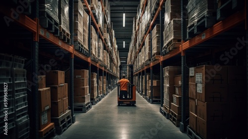 A warehouse worker driving a forklift through narrow. AI generated